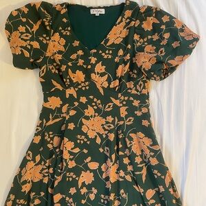 Polagram Dark Green Midi Dress with Peach Floral Print